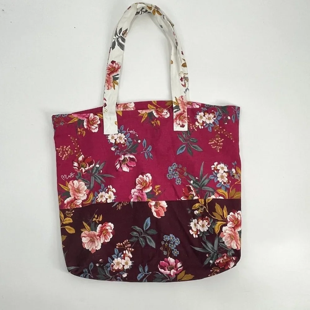 Loft Red Floral Canvas Tote Bag Cotton - Picture 2 of 6